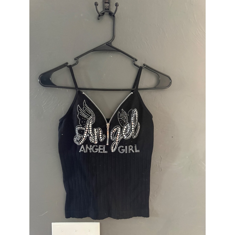 Angel Girl Rhinestone Ribbed Cami Top Black Y2K Graphic Zipper V-Neck Tank